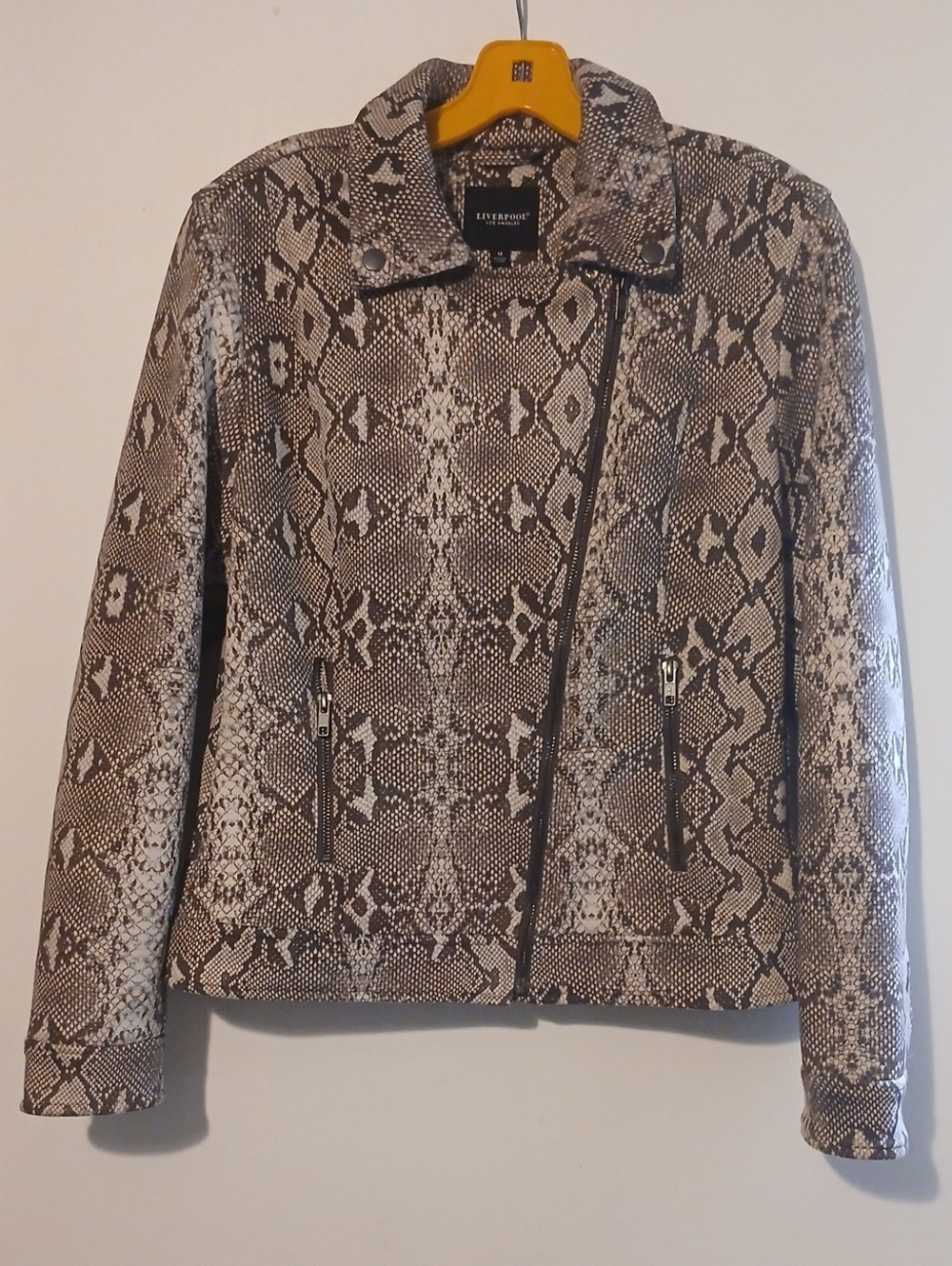 Liverpool Snake-Print Faux Leather Jacket in Brown and Cream